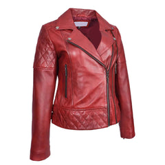 Nixi Women’s Burnish Red Multi Cross Zip Biker Leather Jacket | Quilted Fitted Style