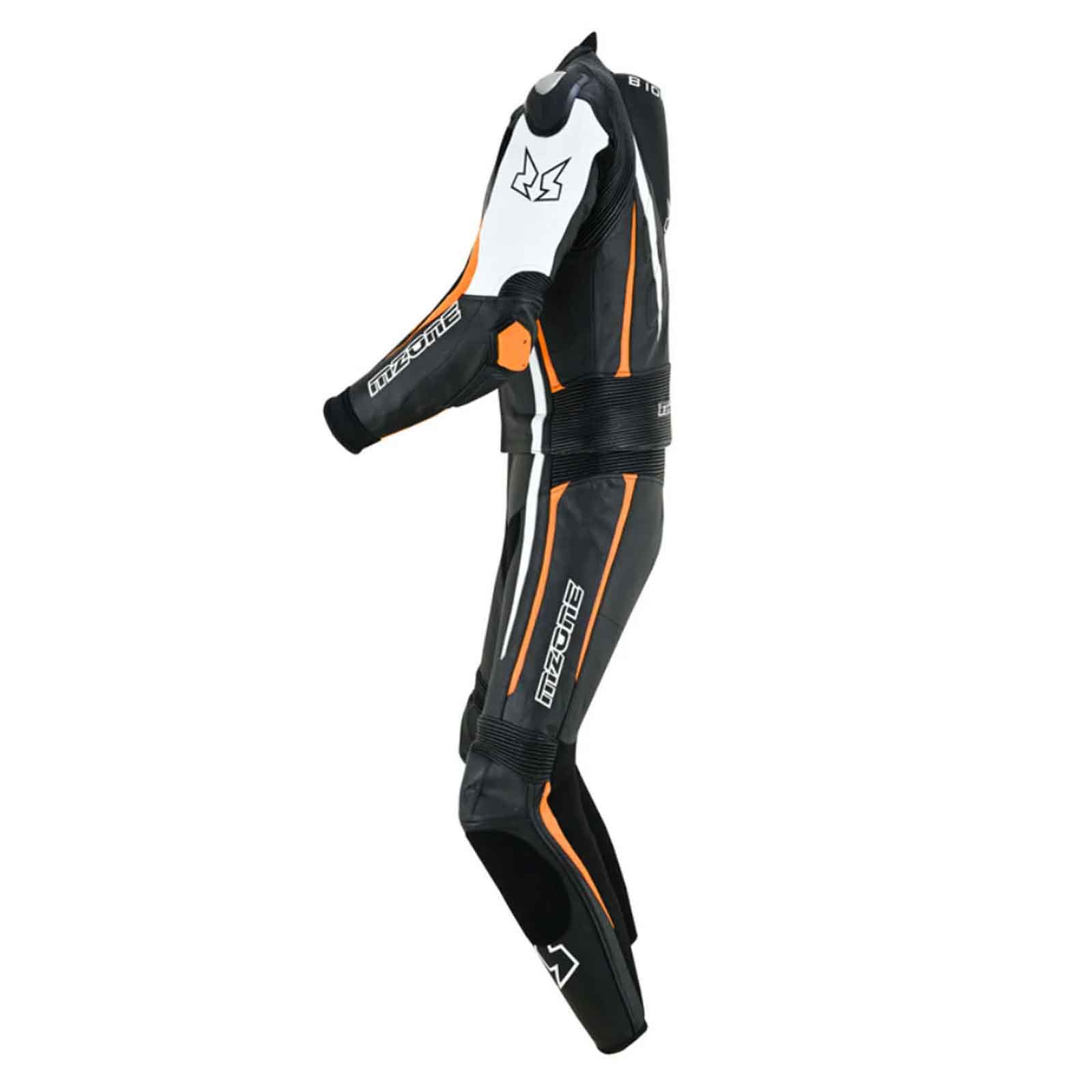 MZONE Imola Leather Bike Suit 2PC – High-Performance Professional Riding Suit in Black/White/Orange for Riders