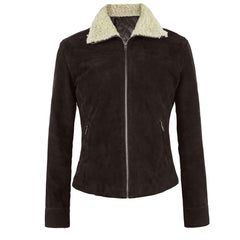 Women's Suede Leather Jacket with Sherpa Collar – Warm Winter Biker Coat by Regals Leather