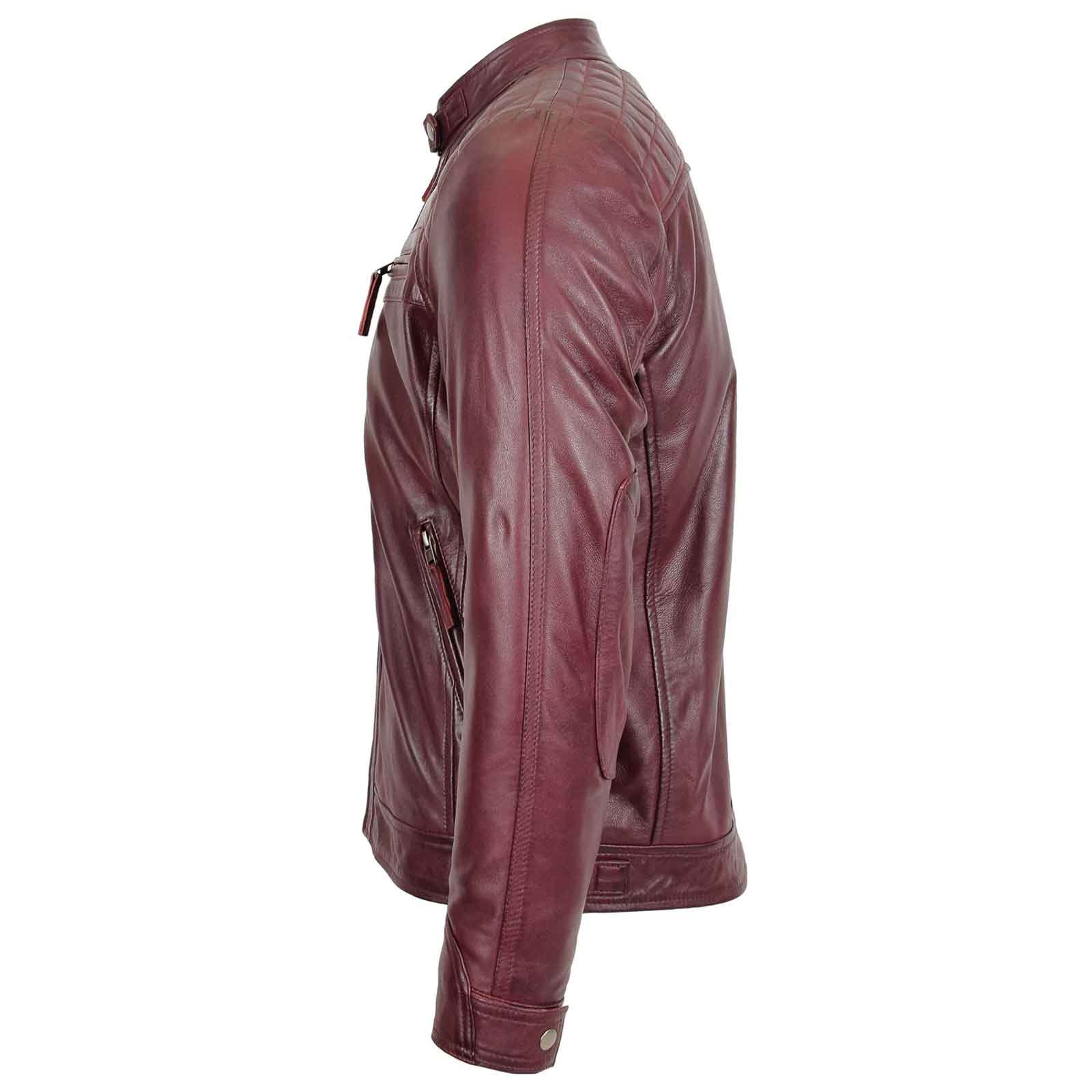 Men’s Burgundy Standing Collar Leather Jacket – Slim Fit Biker by Regals Leather