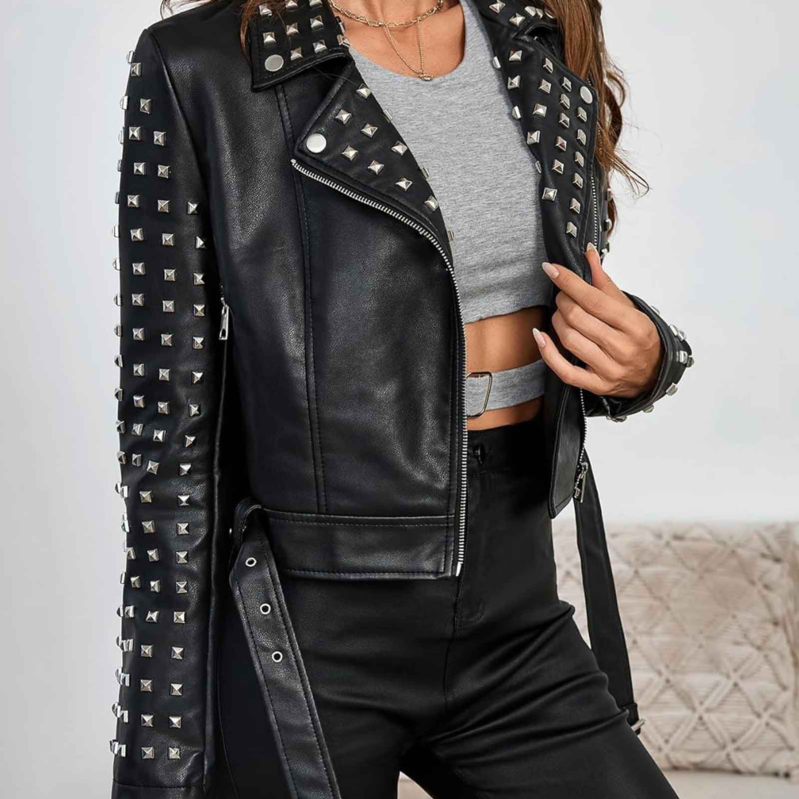 Women’s Studded Faux Leather Moto Jacket | Rivet Short Biker Coat with Stand Collar