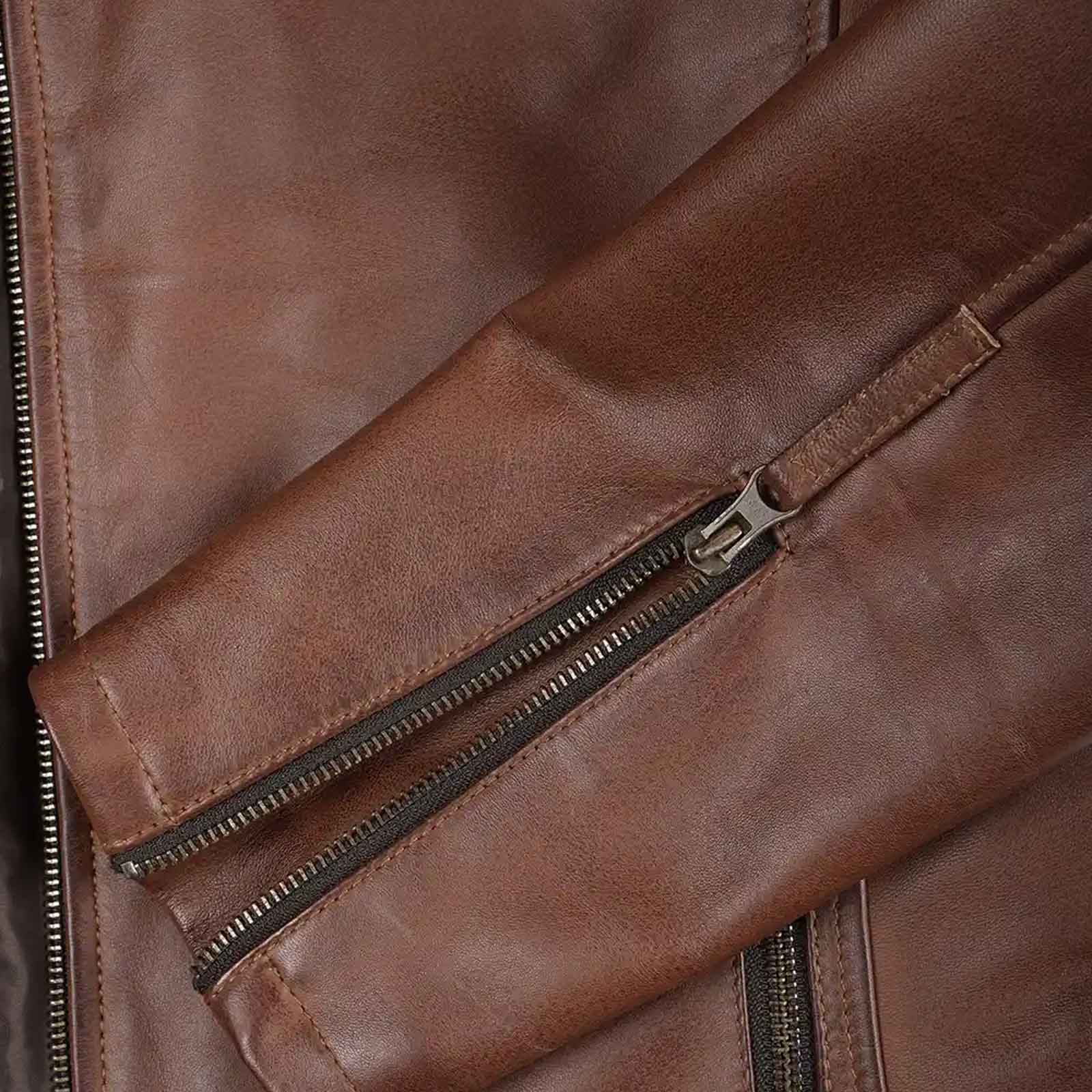 Biker Men's Cognac Brown Leather Racer Jacket with Black and Beige Stripes