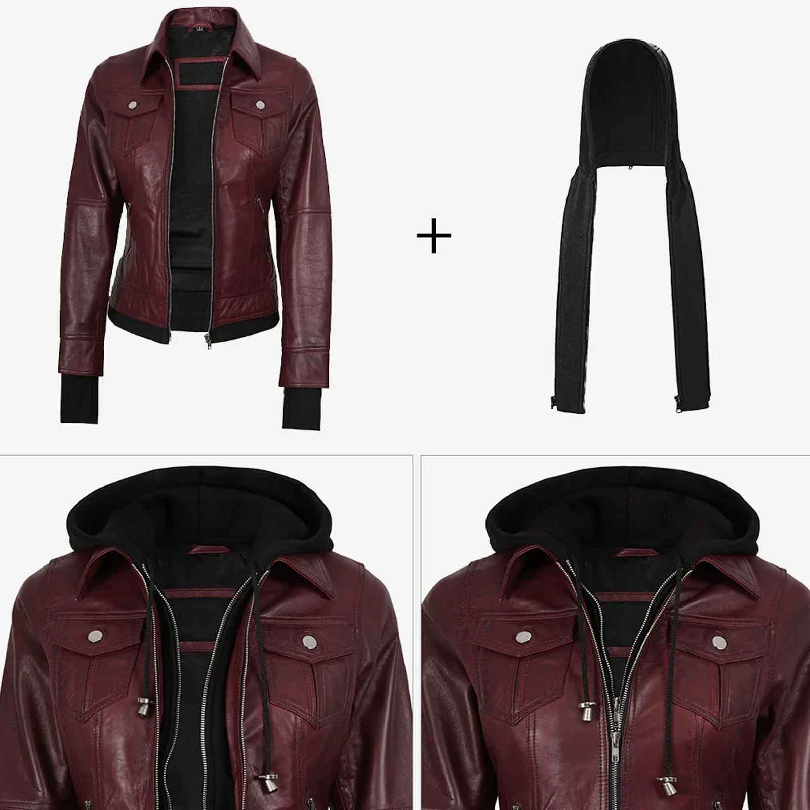 Lightweight Real Leather Women's Bomber Burgundy Jacket with Hood | Regals Leather
