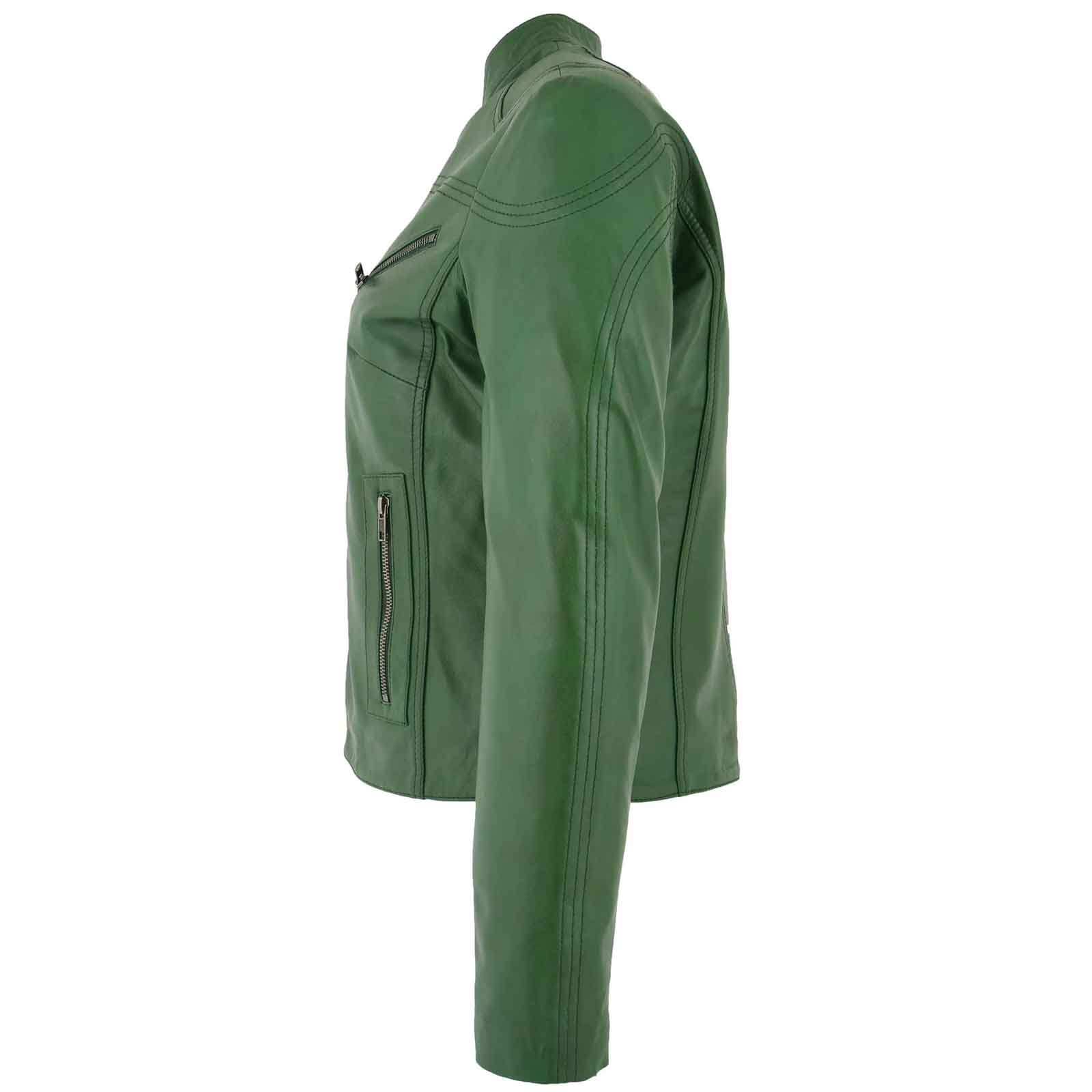 Women’s Real Leather Standing Collar Jacket – Becky Green Classic Fit