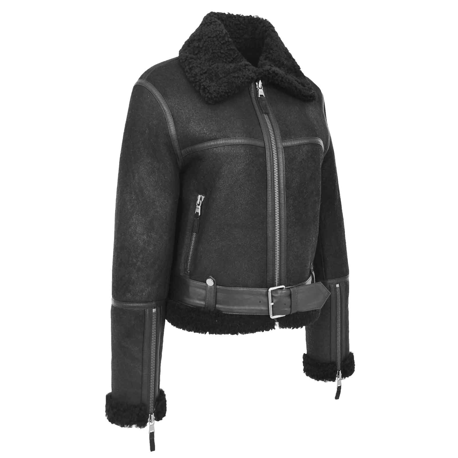 Regals Leather Lightweight Women's Sheepskin Aviator RAF Pilot Bomber Jacket Elsie Black