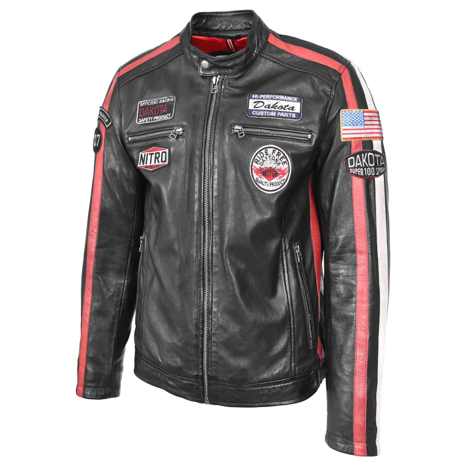 Men’s Black Leather Biker Jacket with Motorsport Logos – Bobby Racer Jacket