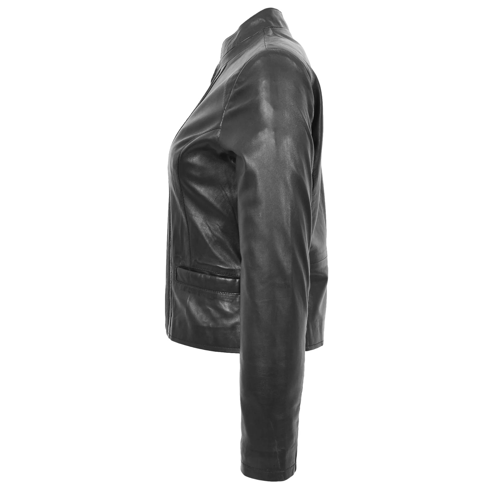 Women’s Black Leather Casual Jacket with Standing Collar – Regals Leather