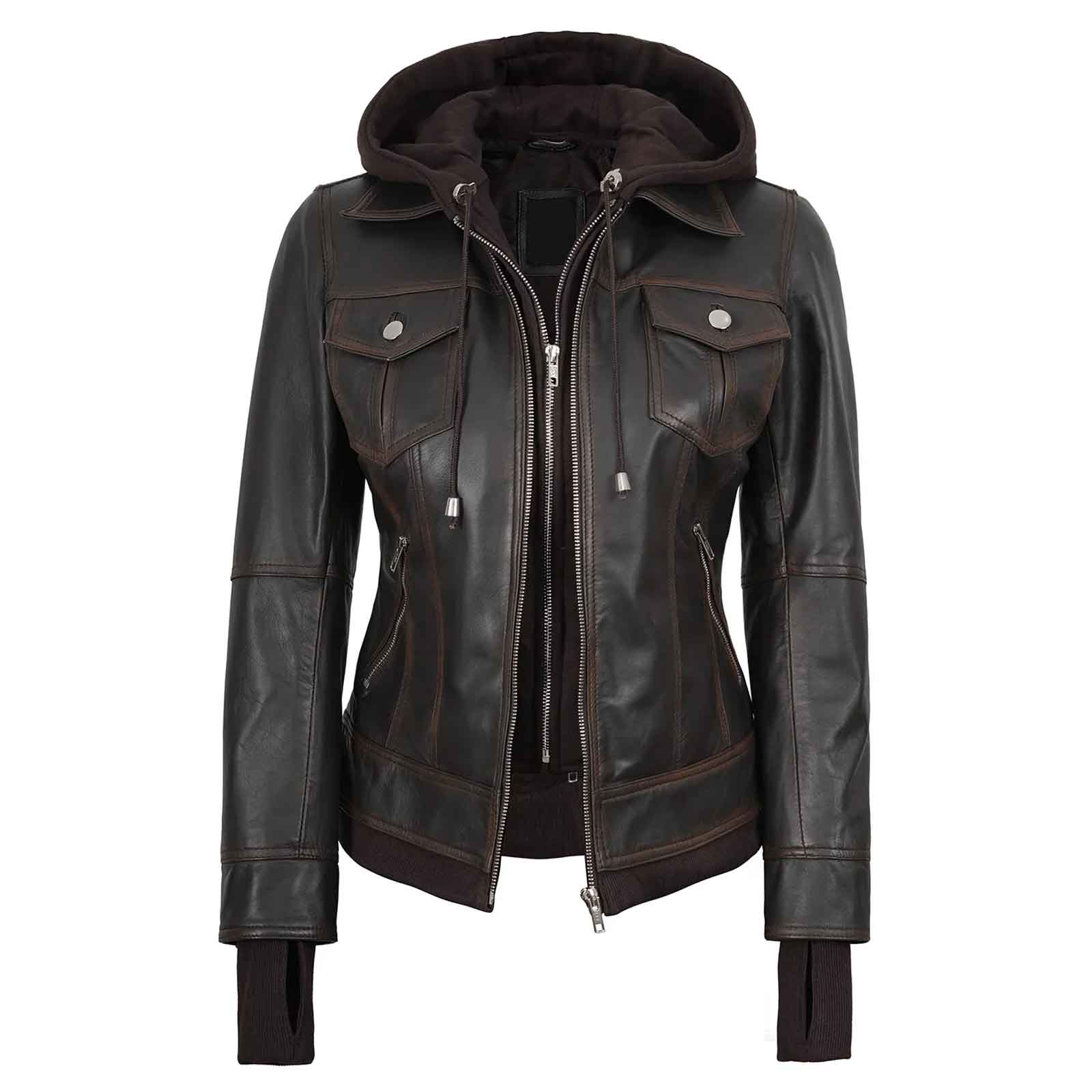 Tralee Women’s Dark Brown Leather Bomber Jacket – Removable Hood | Regals Leather
