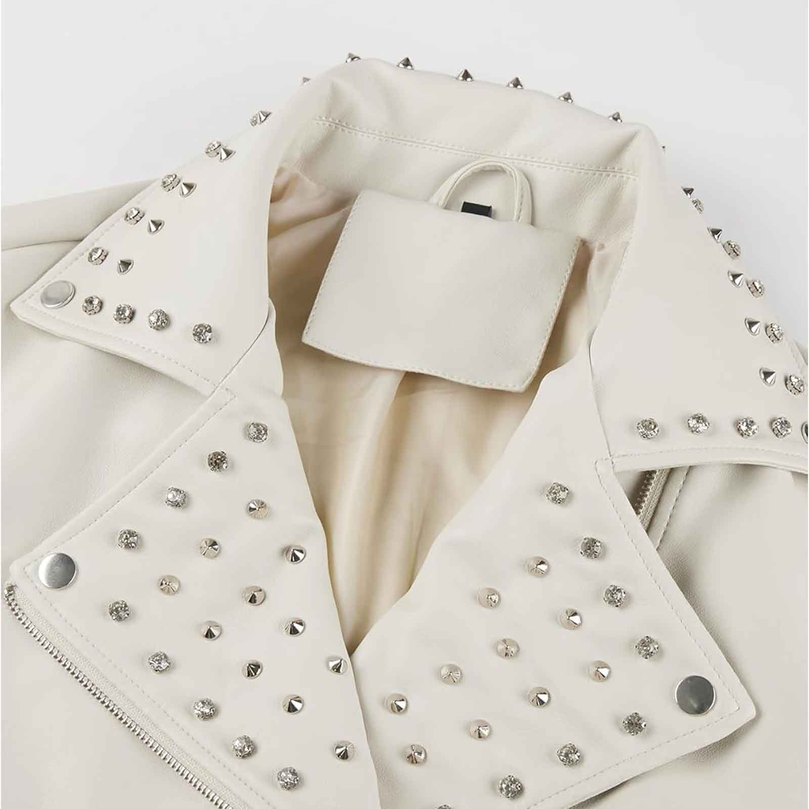 Women’s Faux Leather Studded Rivet Jacket – Short Moto Biker Coat with Stand Collar