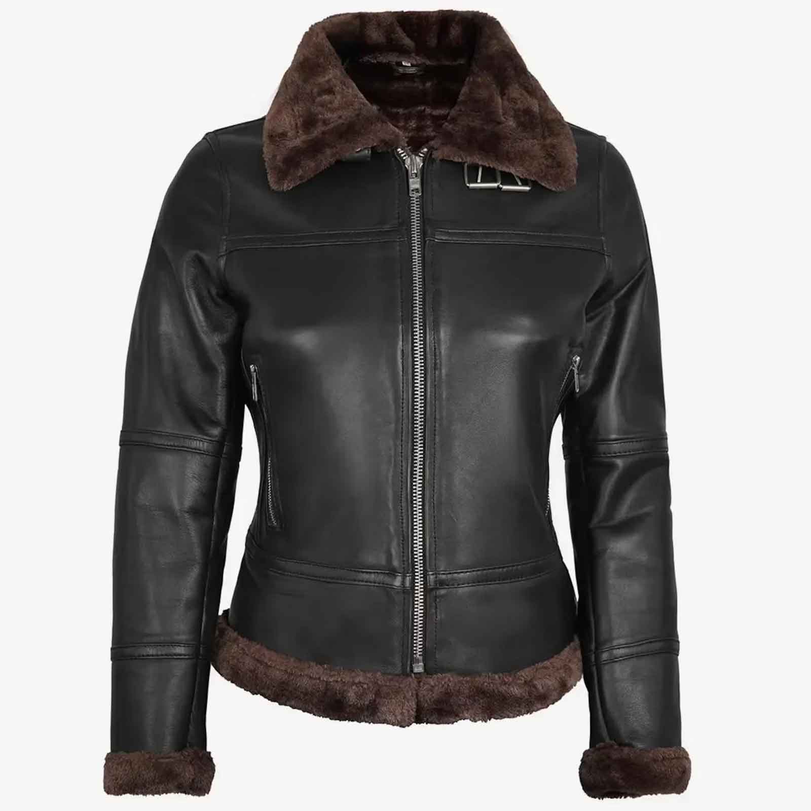 Genuine Leather Shearling Bomber Jacket Women | RAF B3 Aviator Flying Biker Style | Cozy Winter Coat