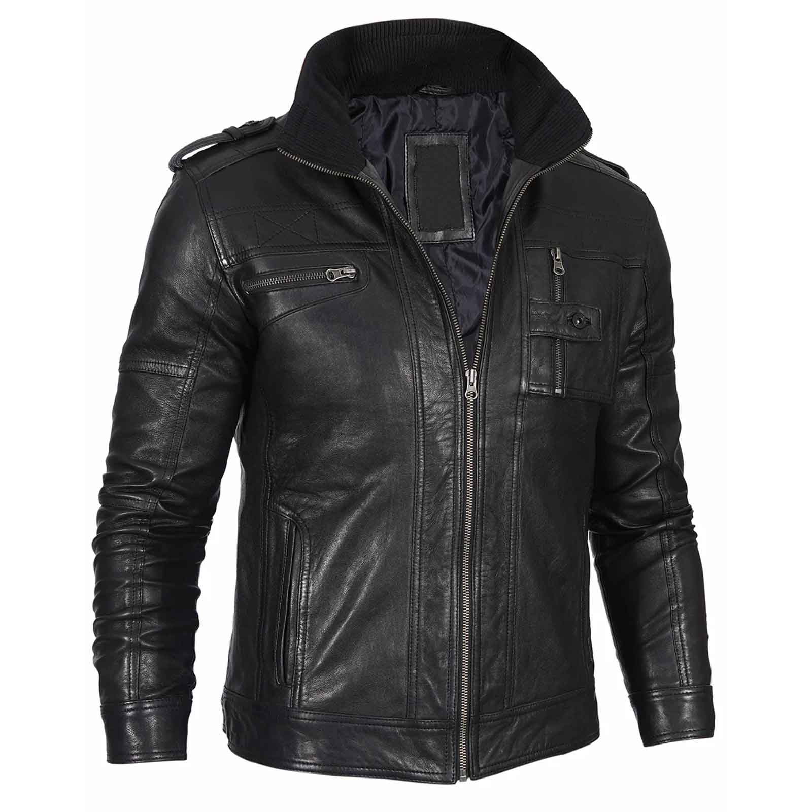 Regals Leather Men's Black Waxed Cafe Racer Style Lambskin Leather Jacket