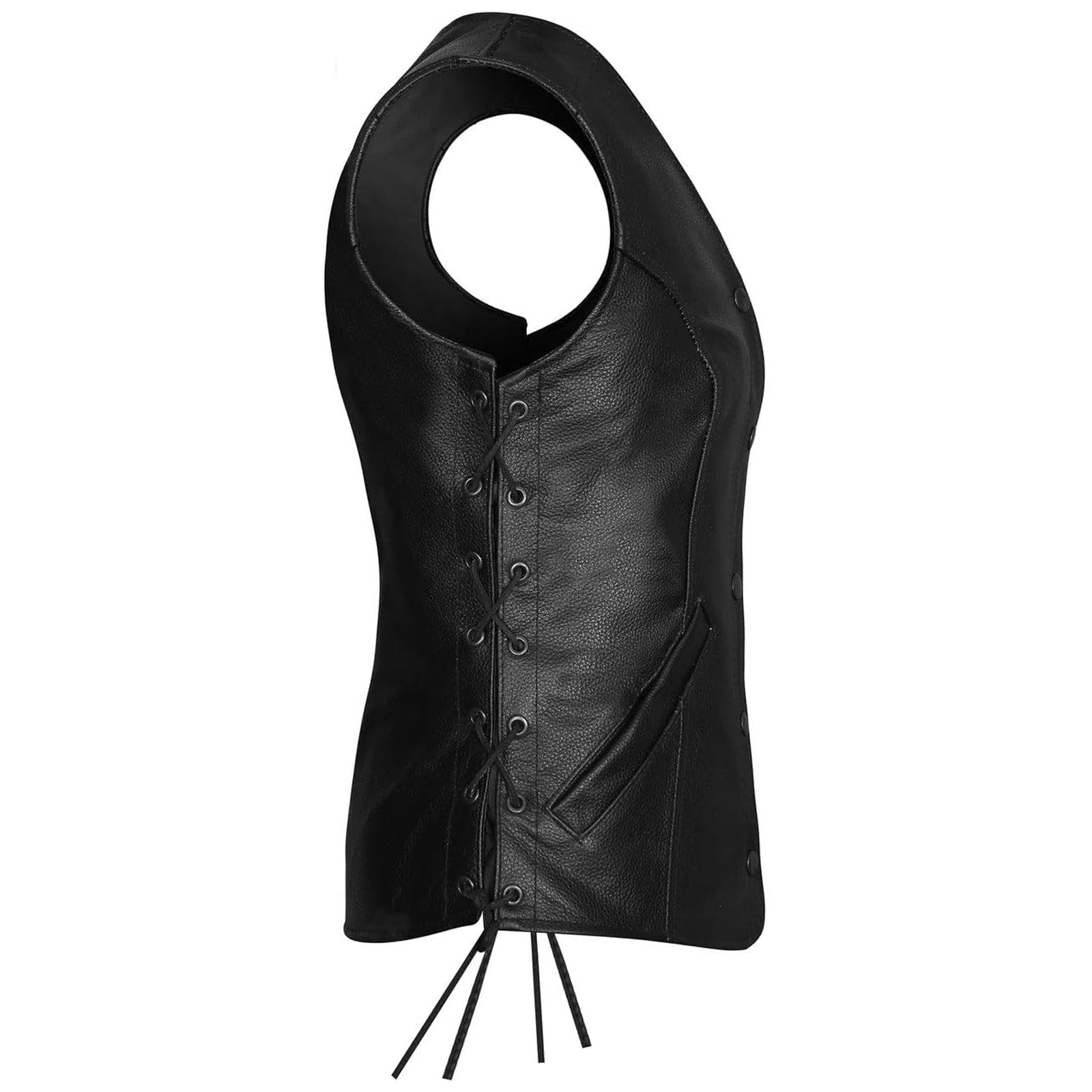 Women's Black Five Snap Leather Motorcycle Vest with Side Laces & Interior Pocket, Classic V-Neck Biker Style Vest