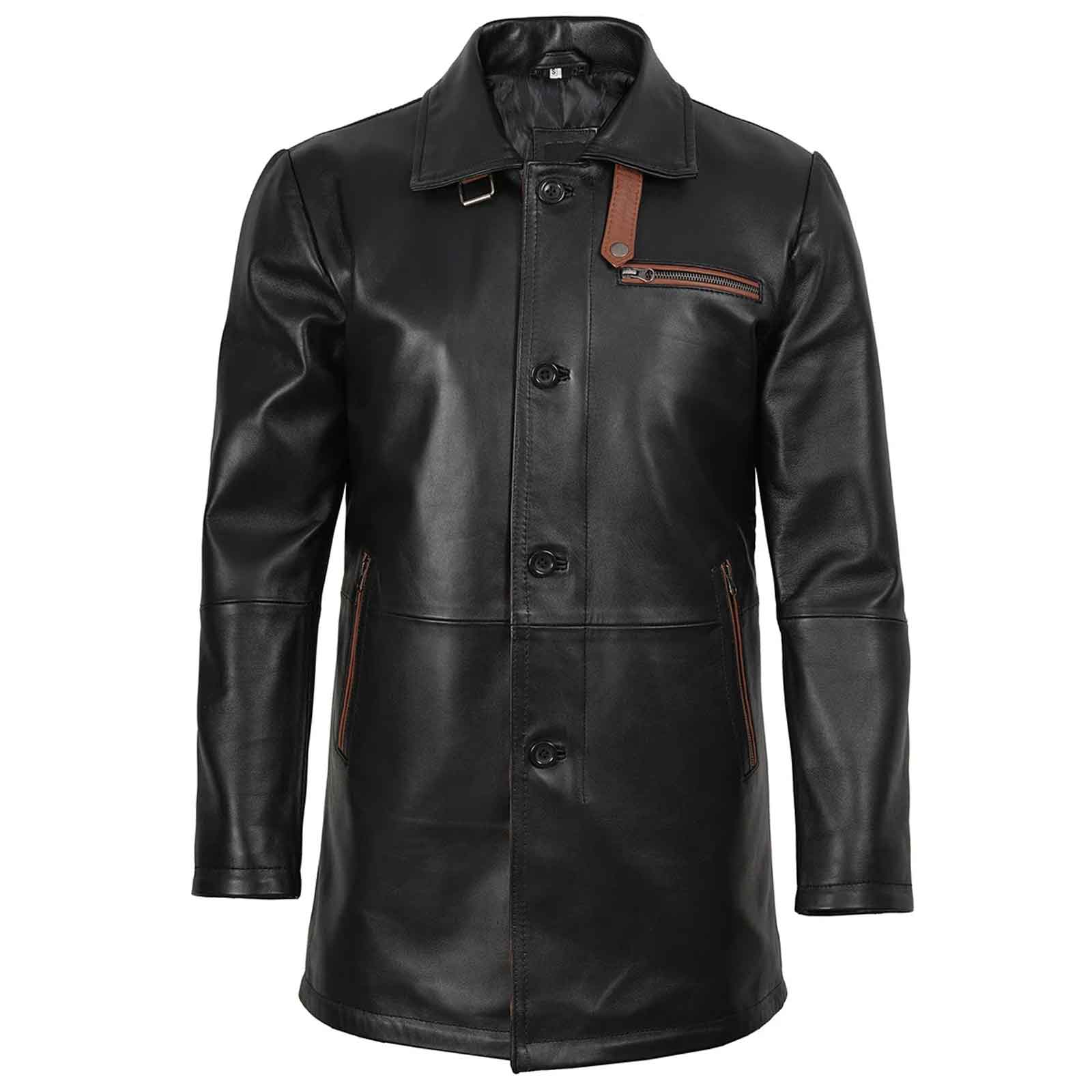 Regals Leather Vintage Glen Men's Black Genuine Leather Car Coat