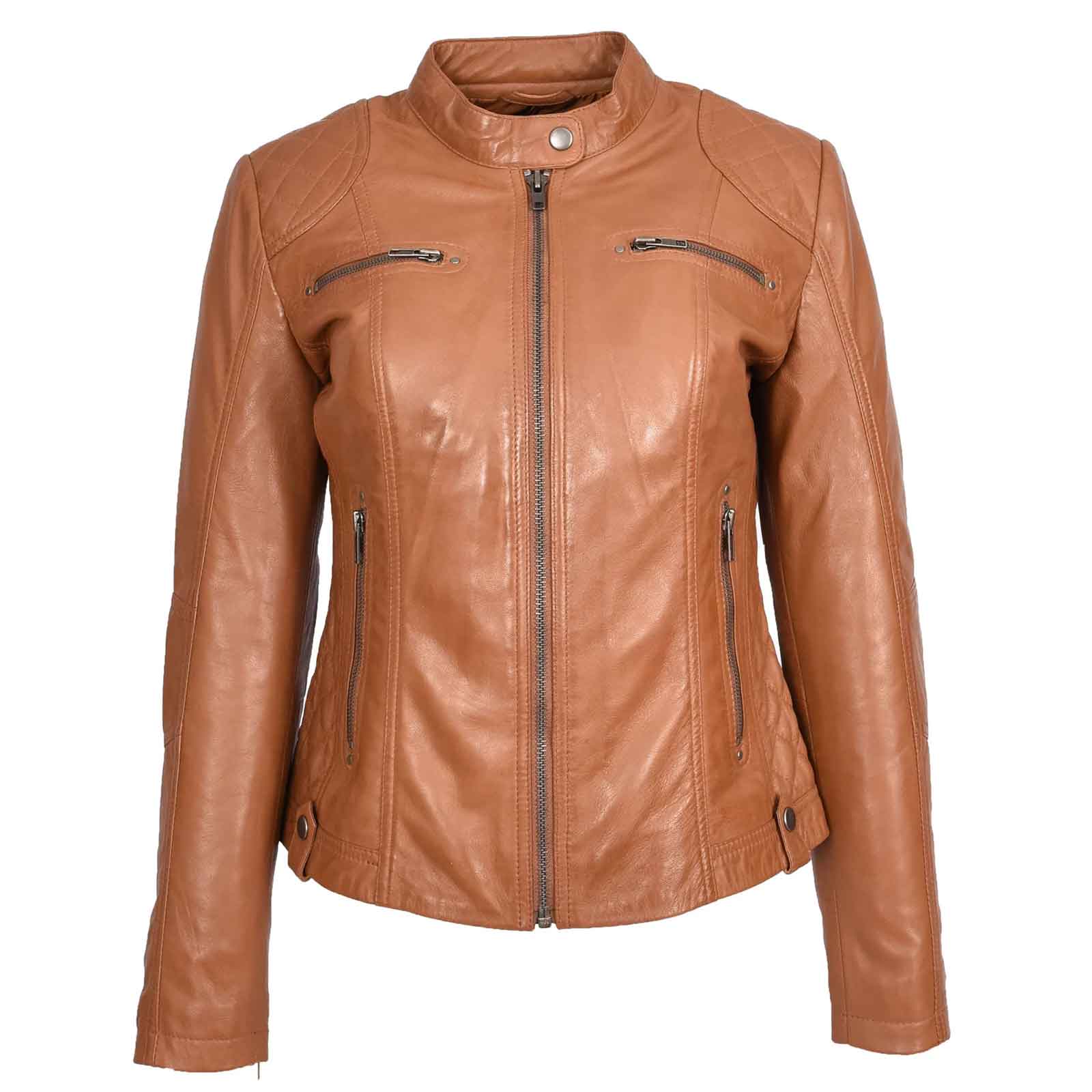 Women’s Soft Tan Leather Biker Jacket – Fitted Quilted Cafe Racer Style | Fiona