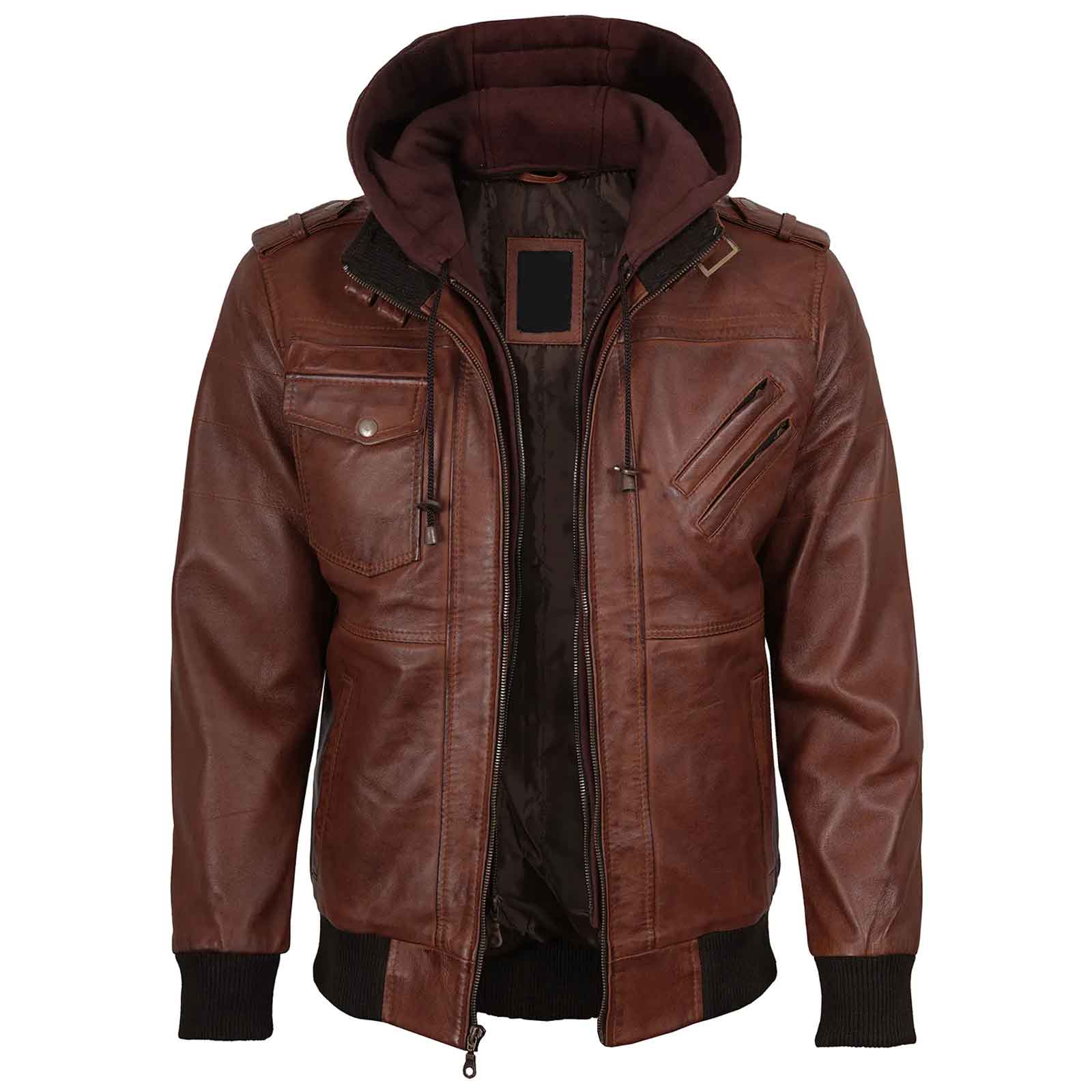 Edinburgh Men's Brown Bomber Genuine Leather Jacket With Removable Hood
