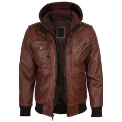 Edinburgh Men's Brown Bomber Genuine Leather Jacket With Removable Hood