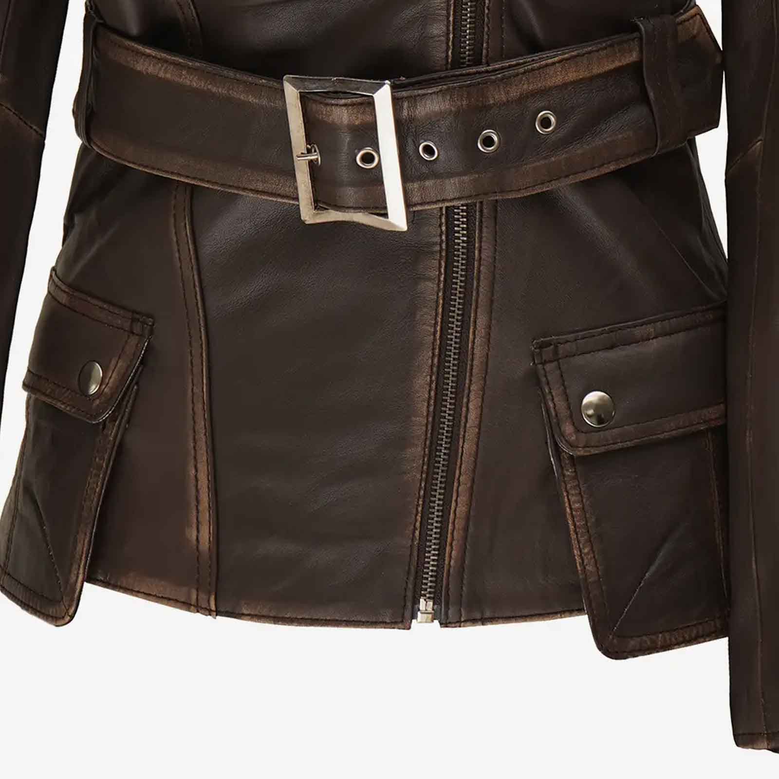 Women's Distressed Brown Asymmetrical Genuine Leather Biker Style Jacket