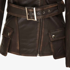 Women's Distressed Brown Asymmetrical Genuine Leather Biker Style Jacket