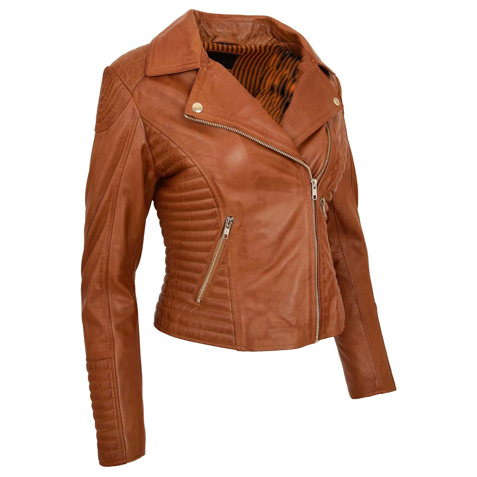 Women’s Soft Lambskin Leather Moto Jacket – Anna Tan Cross Zip Design