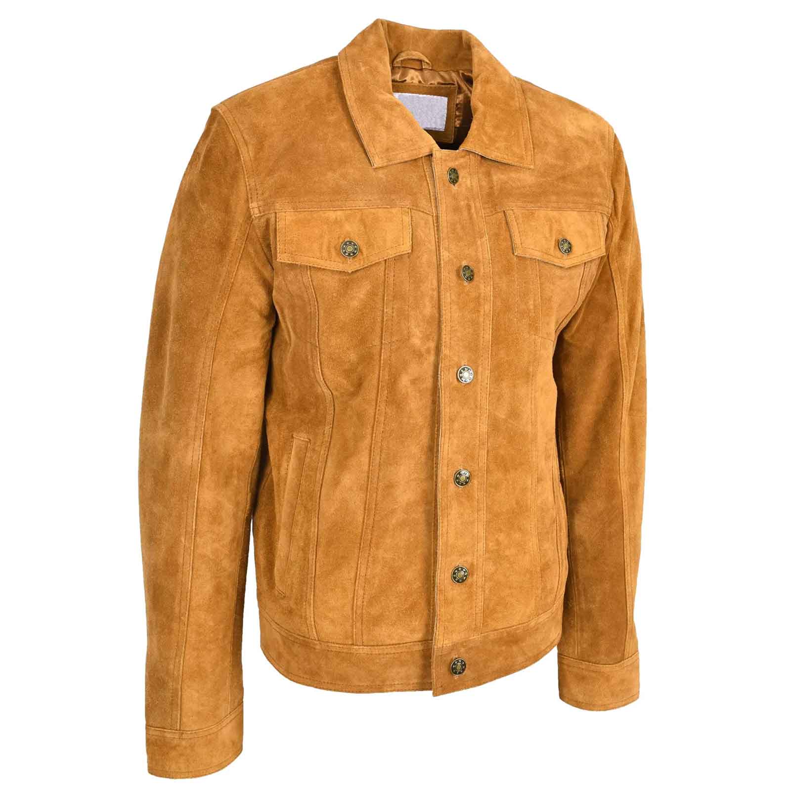 Men’s Real Suede Trucker Jacket – Lee Rider Style Timmy Tan Leather Jacket
