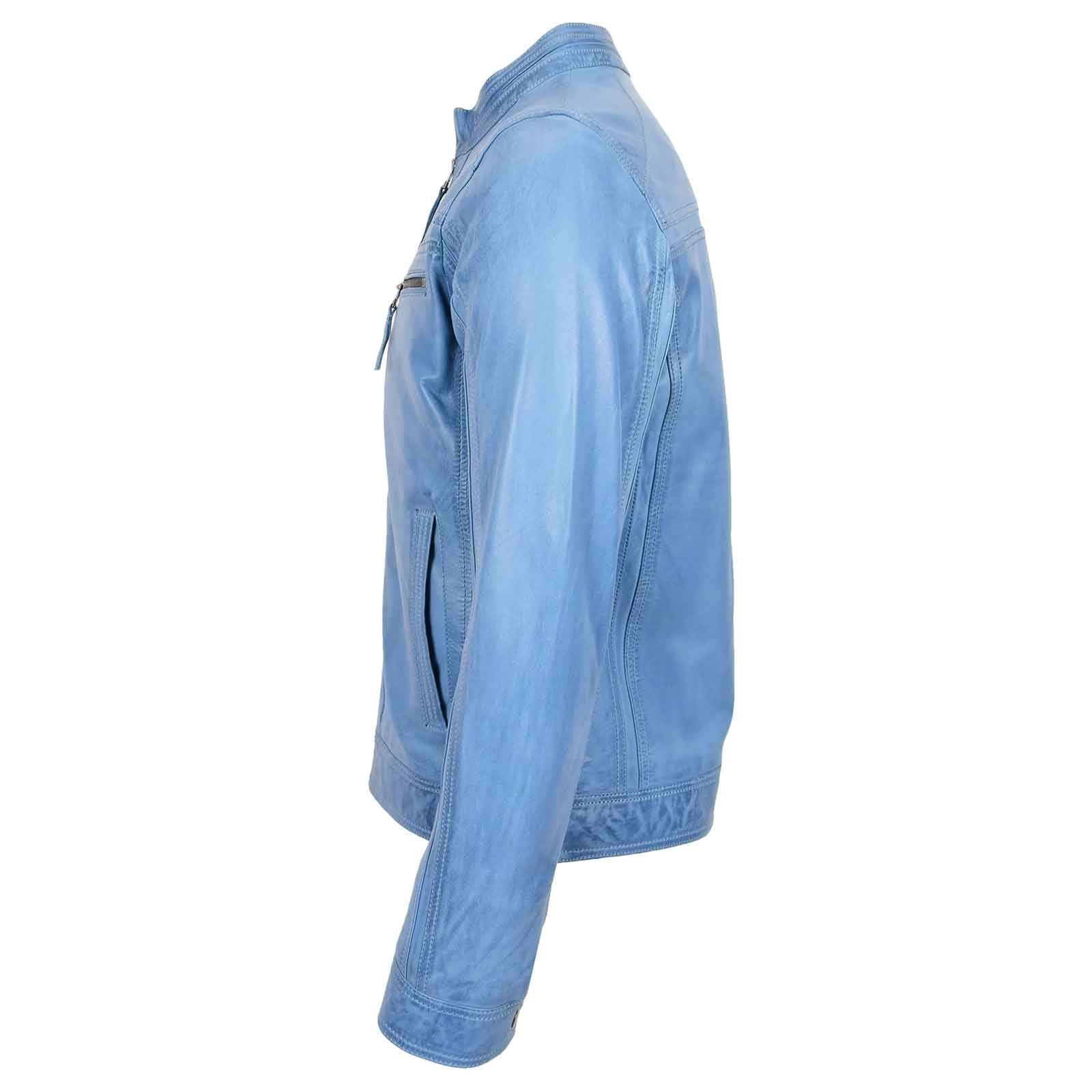 Men’s Sky Blue Leather Cafe Racer Jacket – Charlie Biker Style | Regals Leather