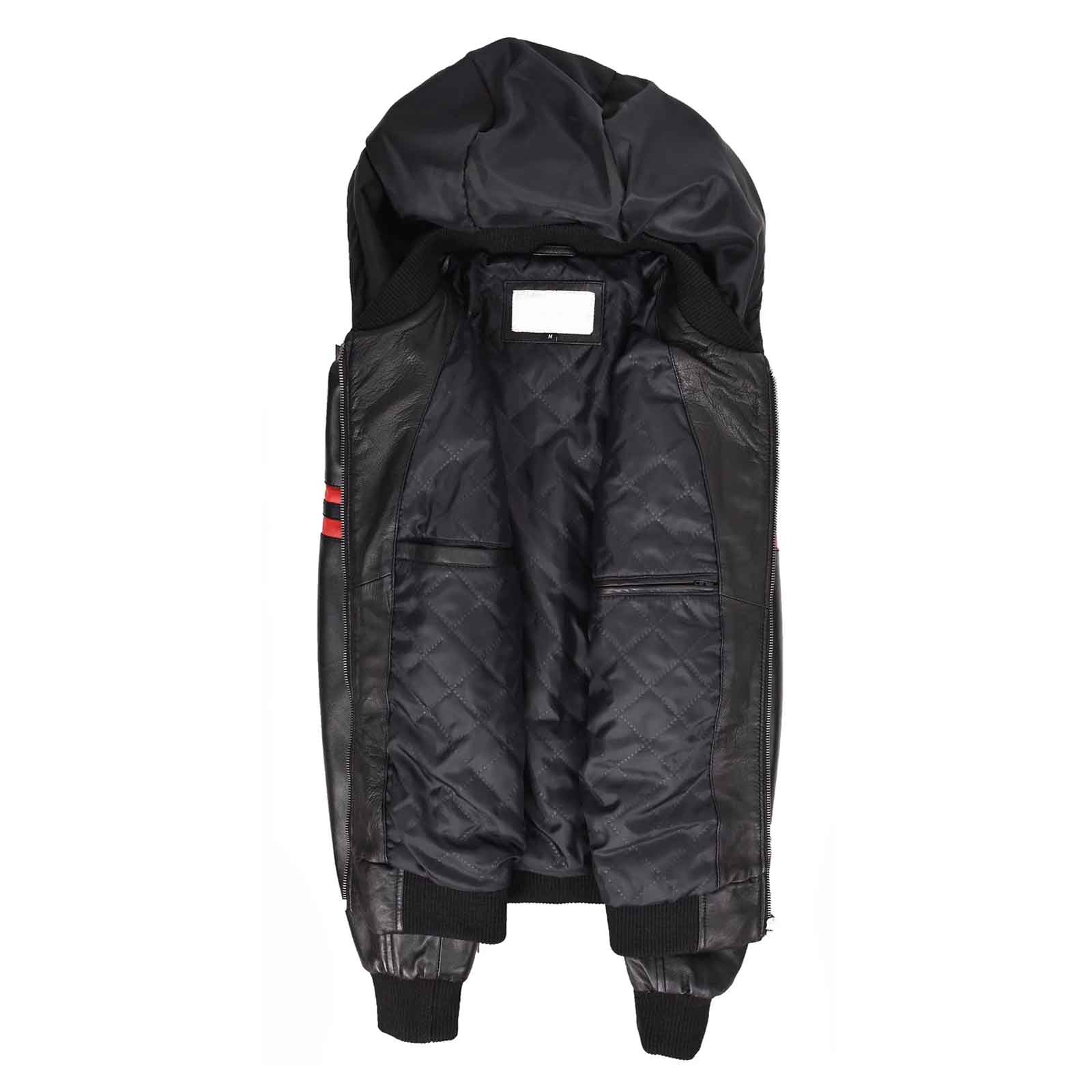 Leather Men's Genuine Lambskin Leather Hooded Bomber Jacket Remmy Black