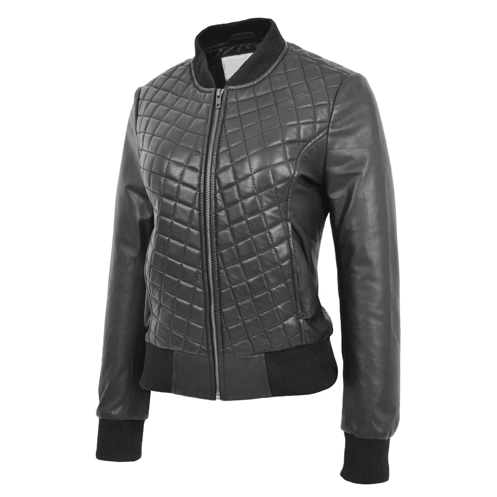 Women’s Real Leather Varsity Bomber Jacket Black – Sally Quilted Design