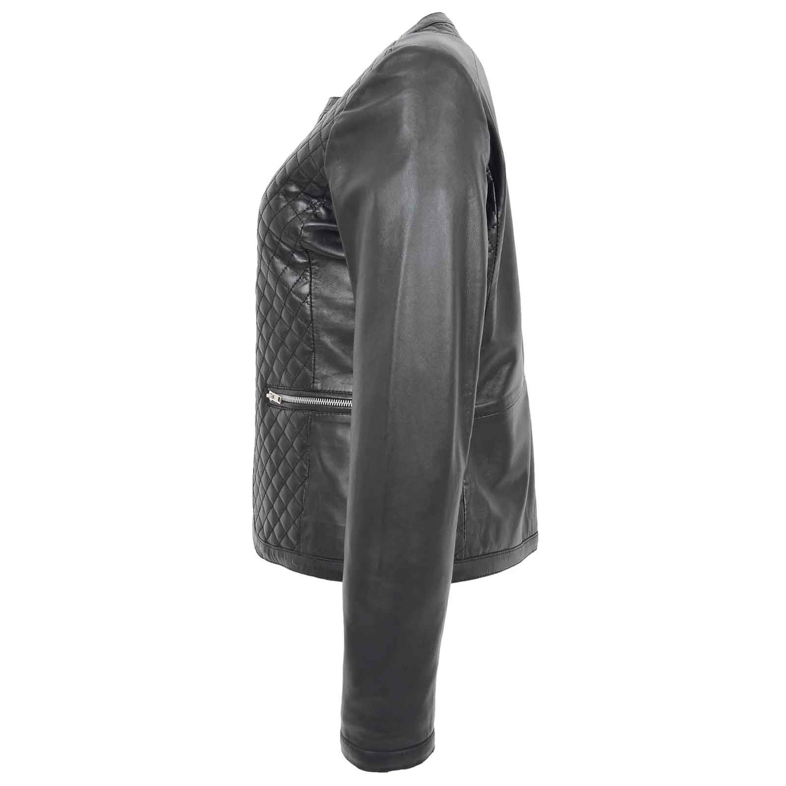 Fashion Women's Leather Collarless Jacket With Quilt Design Joan Black