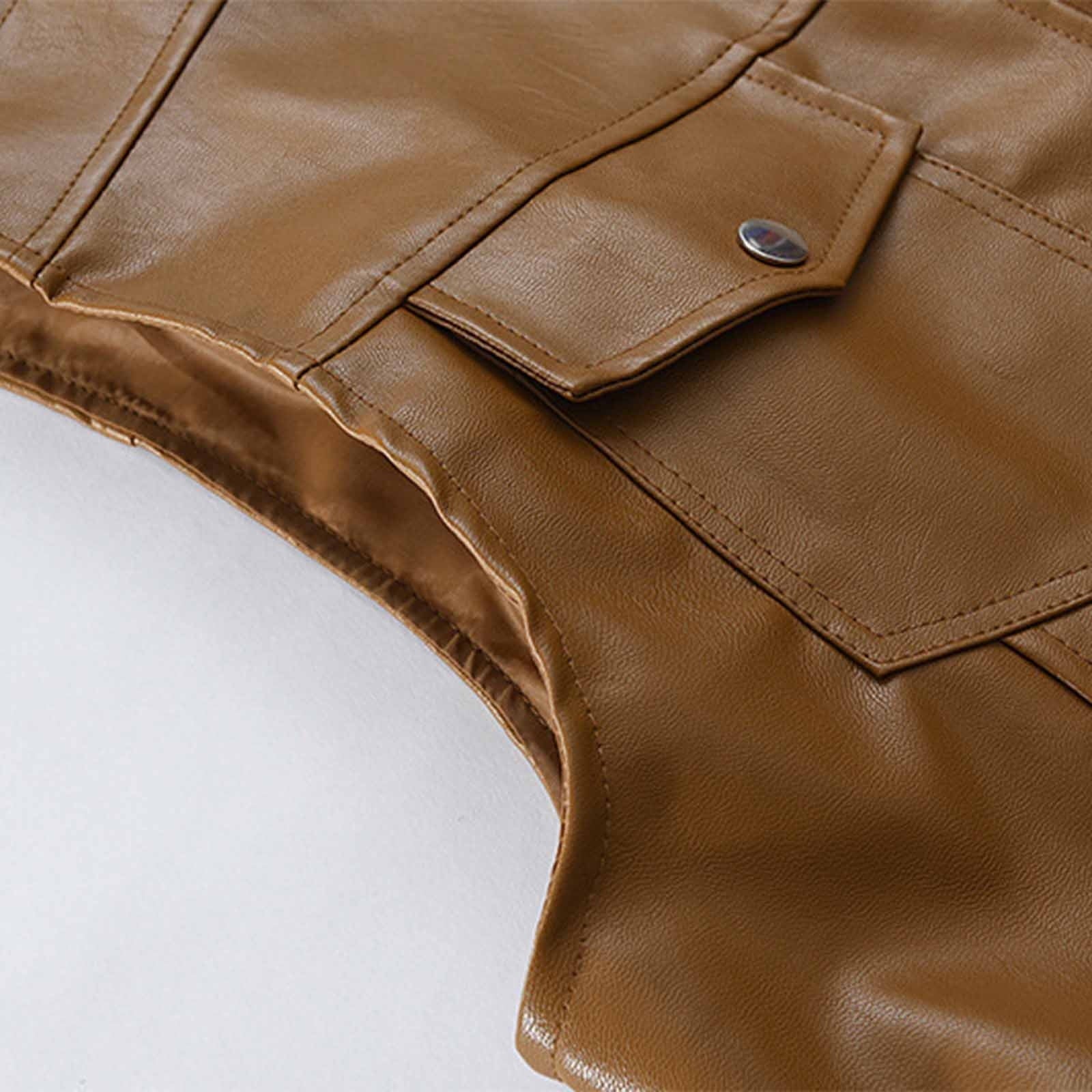 Mens Faux Leather Suit Vest Full Zipper Vintage Slim Fit Waistcoat Vest with Pockets Crewneck Motorcycle Vest Outfits Brown