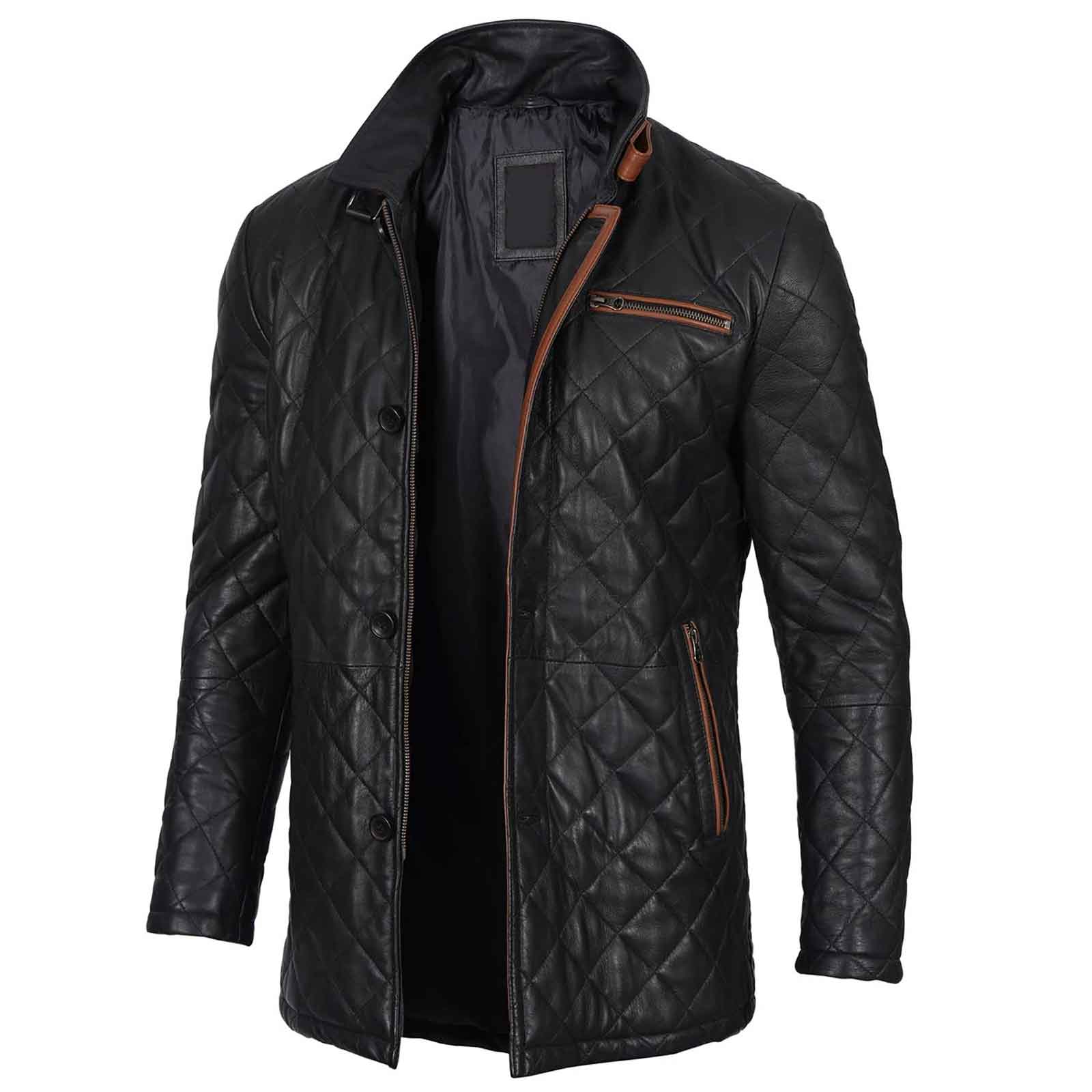 Regals Leather Men's Black Quilted Leather Car Coat - Glen Style - Winter Warm Jacket