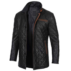 Regals Leather Men's Black Quilted Leather Car Coat - Glen Style - Winter Warm Jacket