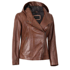 Regals Leather Cidra Women Asymmetrical Brown Hooded Genuine Leather Jacket