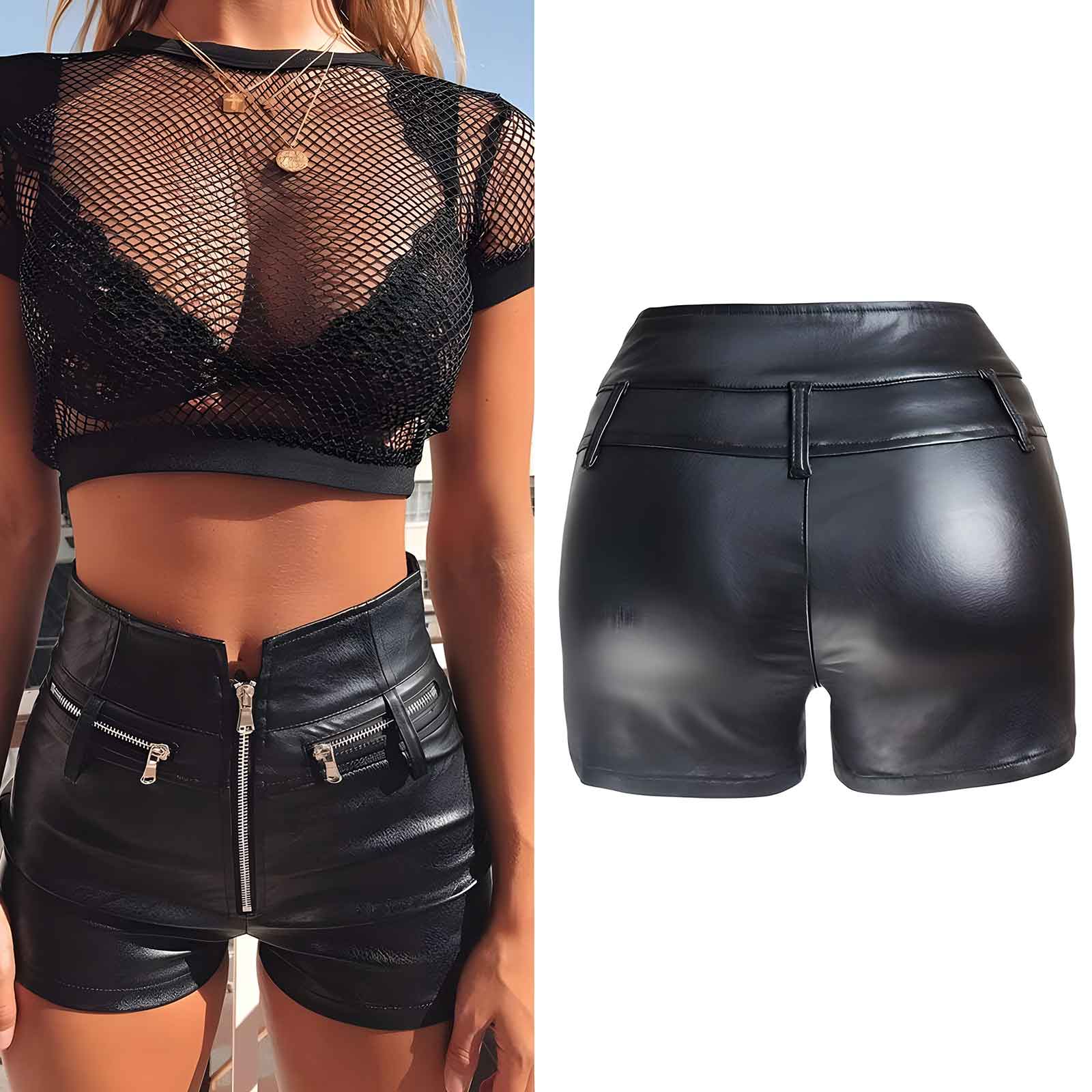 Women’s High Waist Faux Leather Shorts with Zipper Detail – Stylish PU Coated Shorts