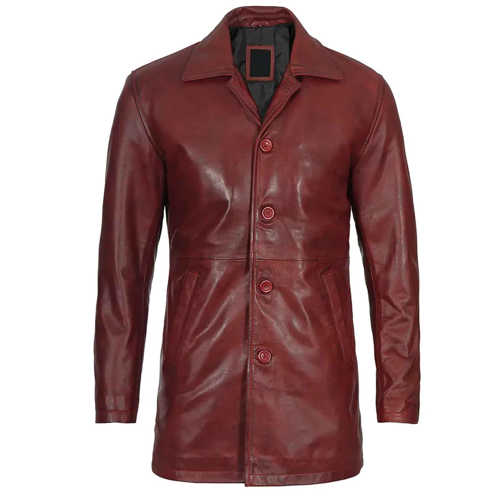 Burgundy Men’s Real Lambskin Leather Car Coat Genuine Leather Long Jacket