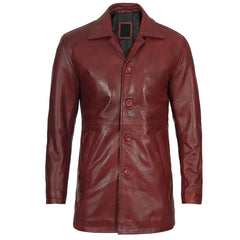 Burgundy Men’s Real Lambskin Leather Car Coat Genuine Leather Long Jacket