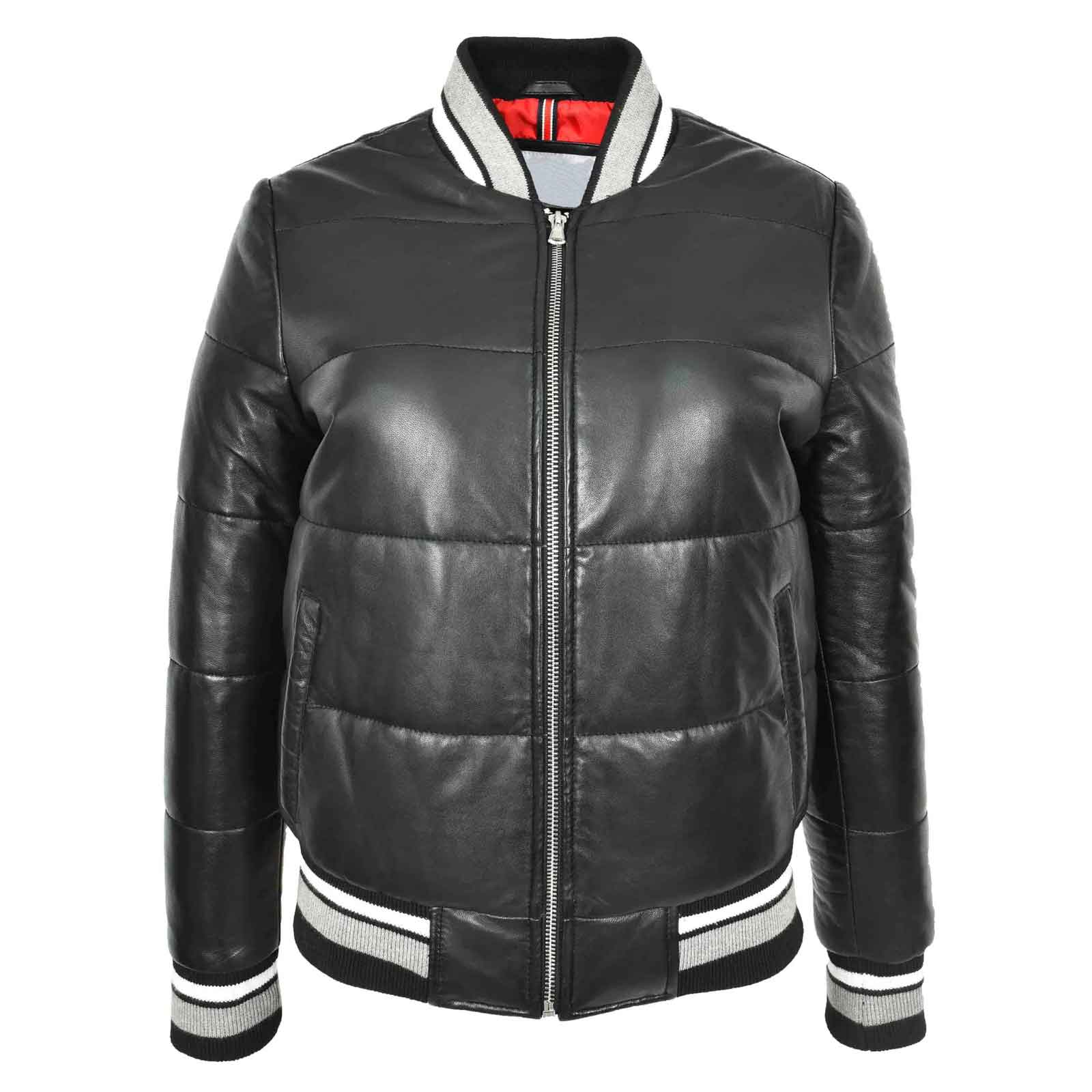 Regals Leather Premium Durability Women's Real Leather Puffer Bomber Jacket Dolly Black