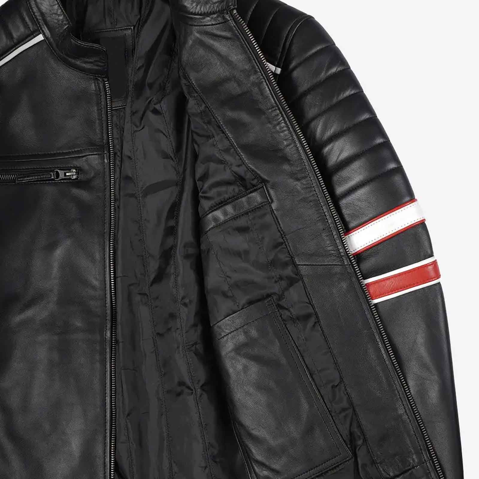 Biker Casual Fit Men’s Black Cafe Racer Leather Jacket with Dual Stripes