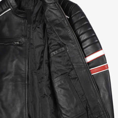 Biker Casual Fit Men’s Black Cafe Racer Leather Jacket with Dual Stripes