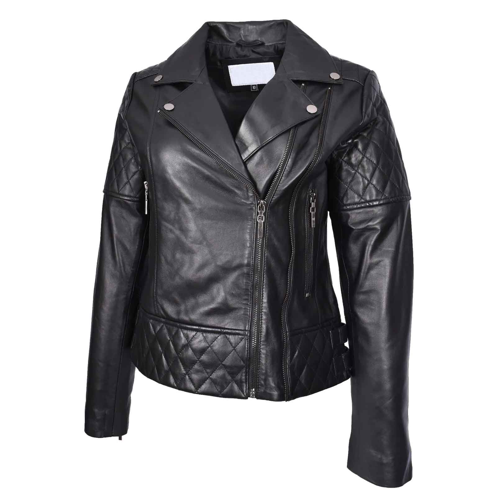 Women’s Real Leather Biker Jacket Black – Nixi Multi Cross Zip Quilted