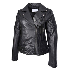 Women’s Real Leather Biker Jacket Black – Nixi Multi Cross Zip Quilted