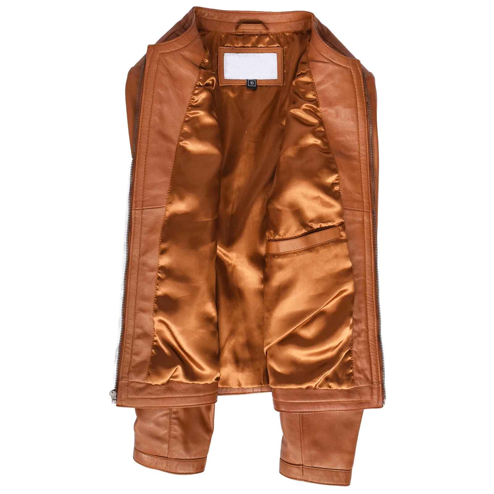 Women's Real Leather Collarless Fashion Jacket Slim Fit Style Clara Tan