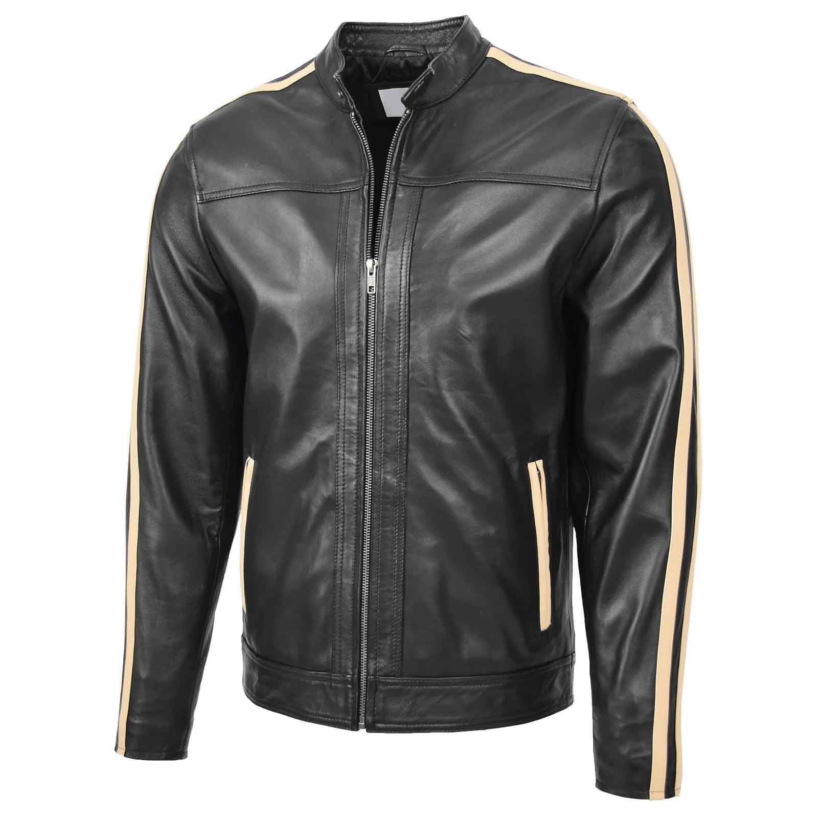 Clyde Black Men’s Leather Jacket – Classic Biker Style with Stripes
