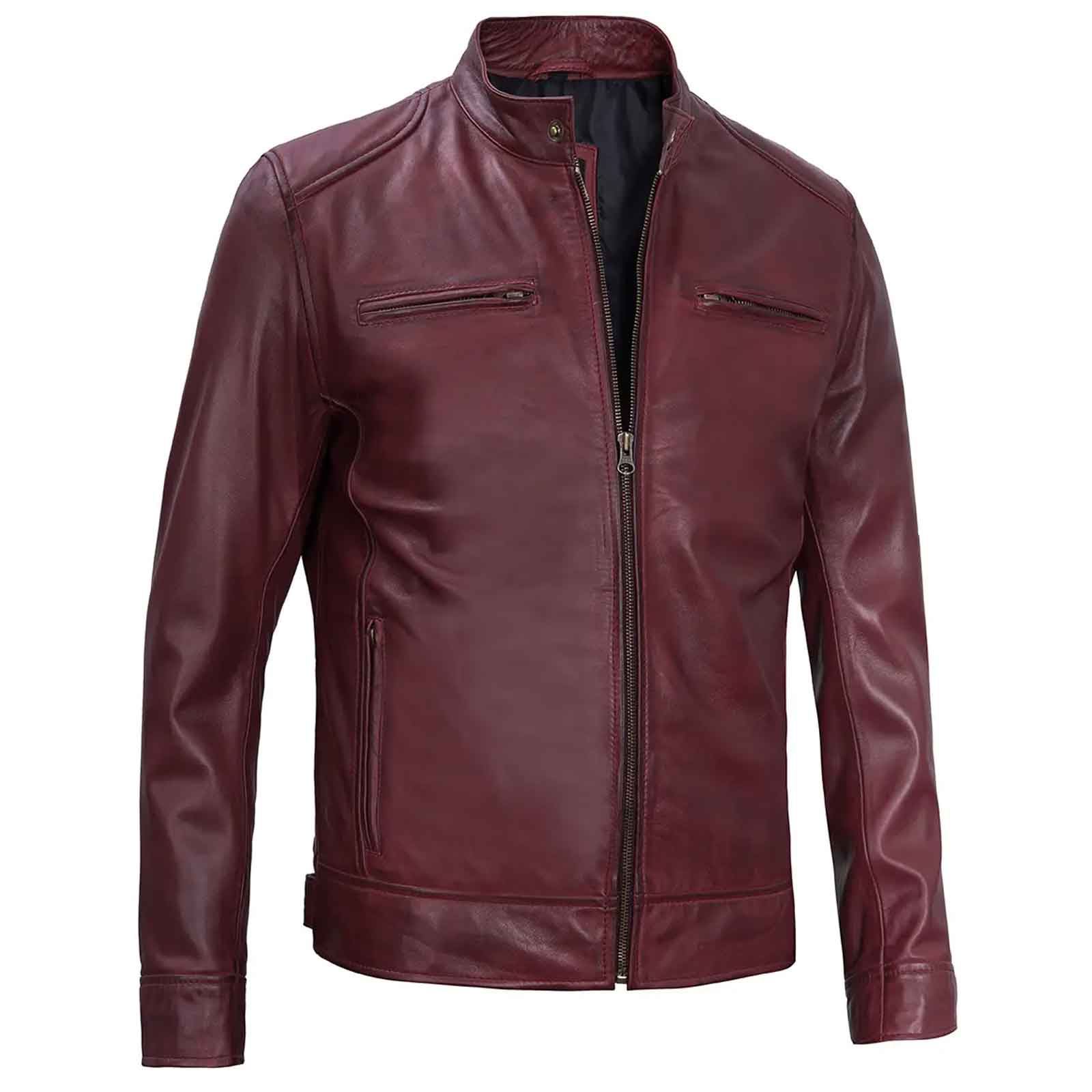 Dodge Men's Cafe Racer Biker Style Burgundy Lambskin Leather Jacket