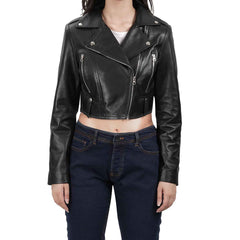 Genuine Lambskin Colleen Women’s Cropped Black Biker Style Leather Jacket