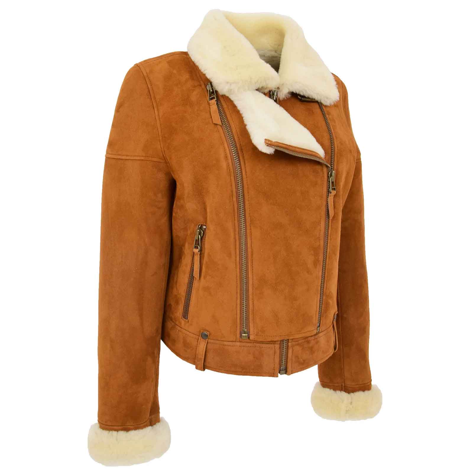 Regals Leather Women’s Sheepskin Aviator Pilot Jacket in Tan White