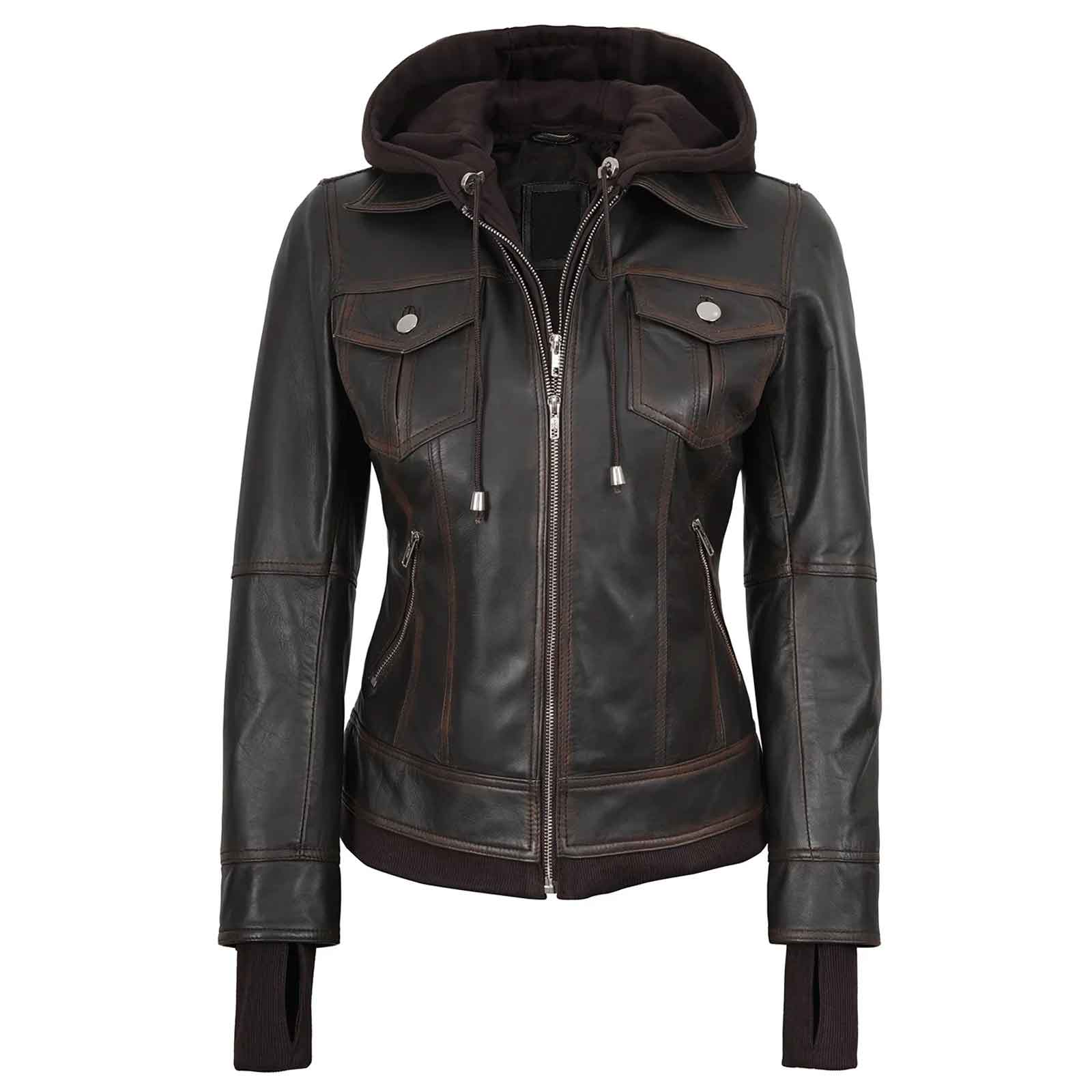 Tralee Women’s Dark Brown Leather Bomber Jacket – Removable Hood | Regals Leather