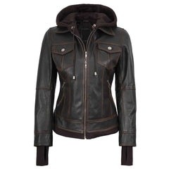 Tralee Women’s Dark Brown Leather Bomber Jacket – Removable Hood | Regals Leather