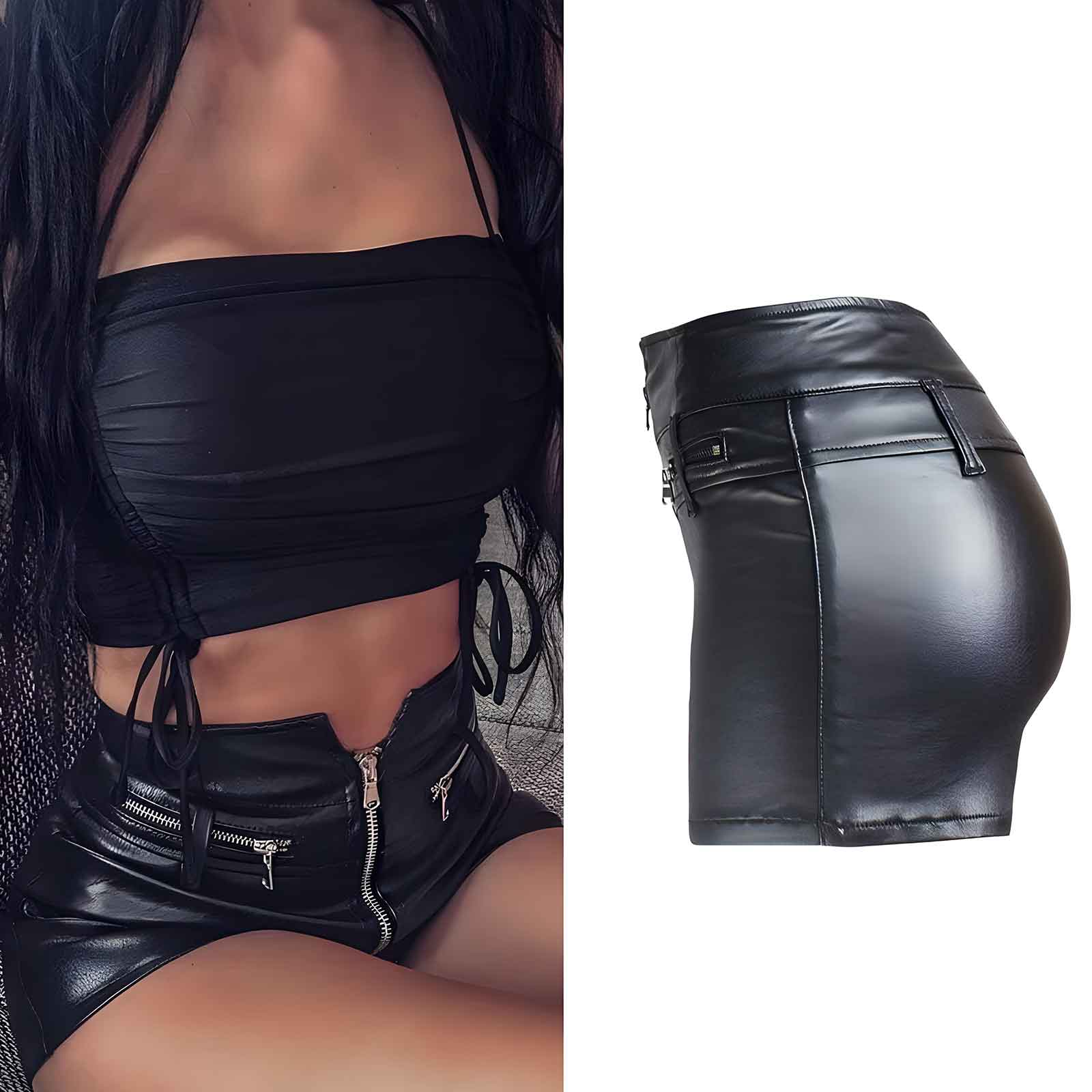 Women’s High Waist Faux Leather Shorts with Zipper Detail – Stylish PU Coated Shorts