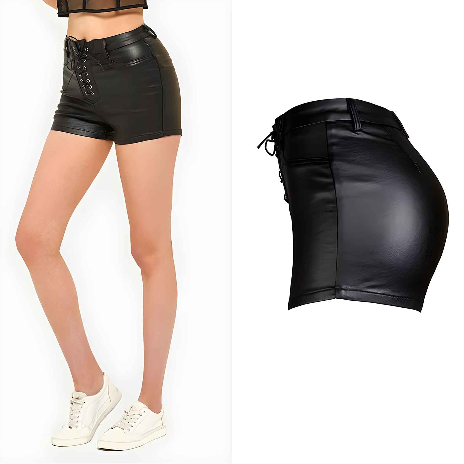 Women’s PU Leather Shorts – High Waist Drawstring Sexy Faux Leather Bottoms