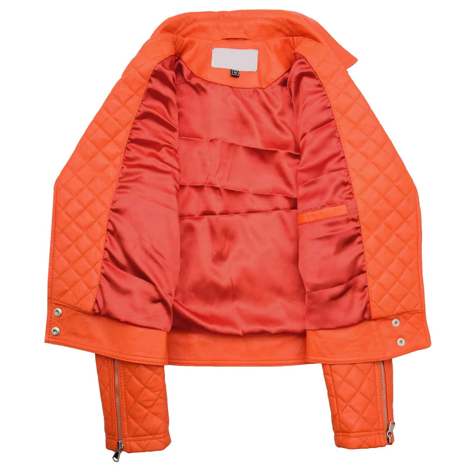 Ziva Orange Women’s Leather Biker Jacket | Quilted Detail Real Leather